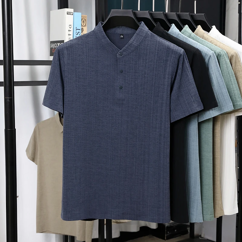 Mens Mandarin Collar Half Plac - огляд і ціна Linen Shirt Breathable